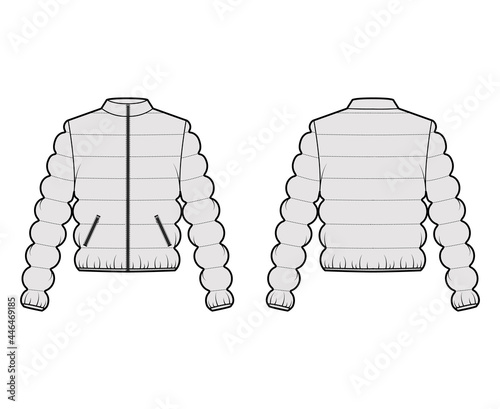 Down puffer coat jacket technical fashion illustration with long sleeves, stand collar, pockets, hip length, classic quilting. Flat template front, back, grey color style. Women, unisex top CAD mockup