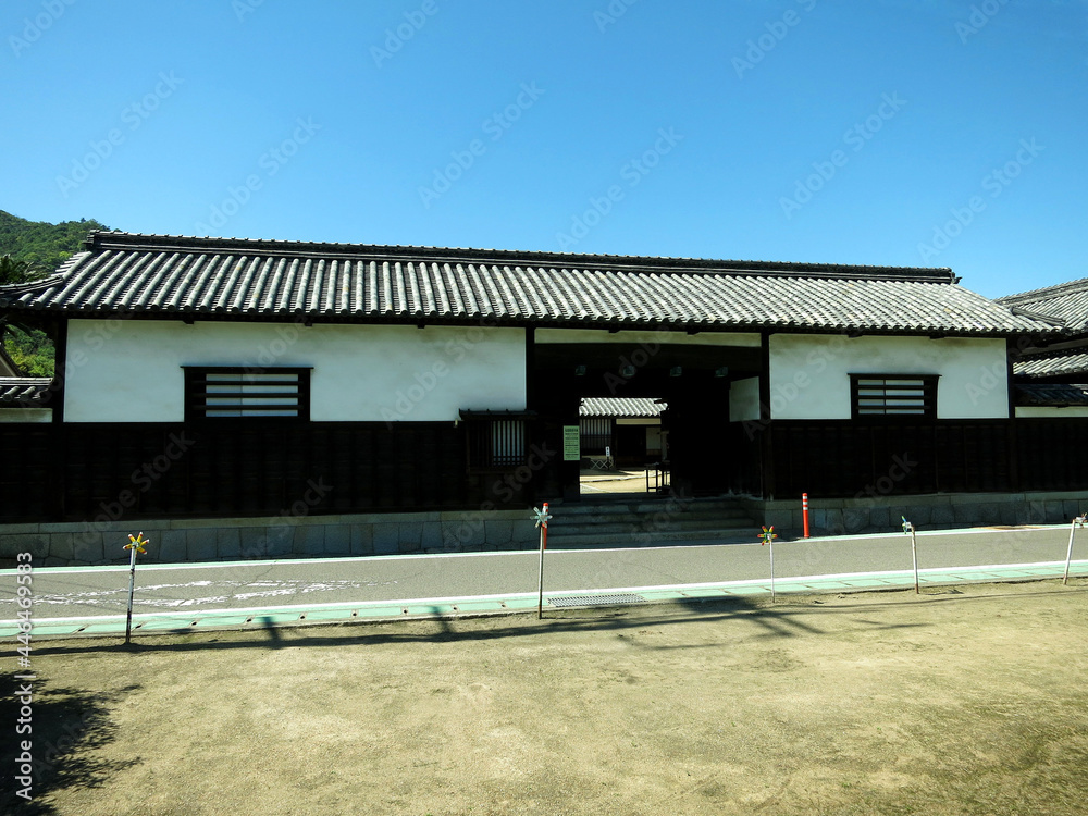 The Nagayamon Door of Shiwaku Guard House (Shiwaku-kinbansho, 塩飽本島塩飽勤番所長屋門) in Shiwaku-Honjima Island, Kagawa, JAPAN