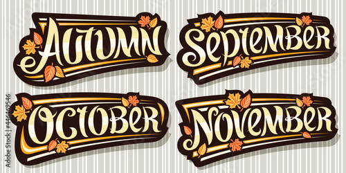 Vector set for Autumn Season, dark logos with curly calligraphic font, falling autumn leaves and decorative stripes, collection of isolated badges with swirly lettering on grey striped background.