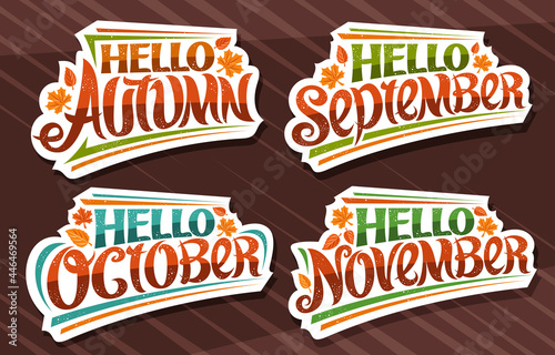 Vector set for Autumn Season, white logos with curly calligraphic font, falling autumn leaves and decorative confetti, collection of isolated stickers with swirly unique lettering on brown background.