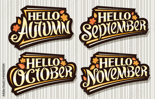 Vector set for Autumn Season, black logos with curly calligraphic font, falling autumn leaves and decorative stripes, collection of isolated badges with swirly lettering on grey striped background.