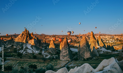 Hot Air Balloons Flying at Sunrise, Cappadocia, Turkey 