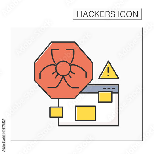 Malware alert color icon. Malicious hacker software antivirus warning line pictogram. Concept of malware, spyware, adware and trojans. Internet security. Isolated vector illustration