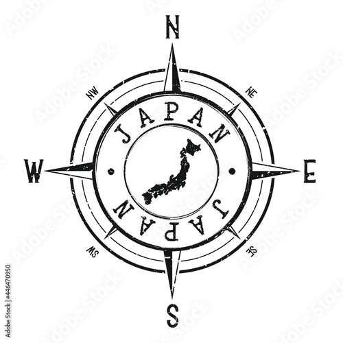 Japan Stamp Map Compass Adventure. Illustration Travel Country Symbol. Seal Expedition Wind Rose Icon.