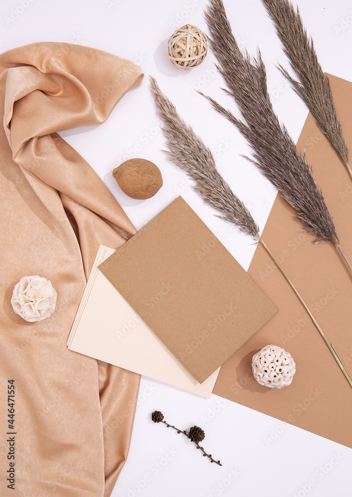 Fall Winter cozy mock-up background. Autumn brunch decor and paper. Trendy beige brown color shades. Minimalist seasonal aesthetic flat lay wallpaper Fall Winter cozy mock-up background. Autumn brunch decor and paper. Trendy beige brown color shades. Minimalist seasonal aesthetic flat lay wallpaper