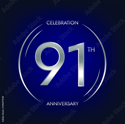 91th anniversary. Ninety-one years birthday celebration banner in silver color. Circular logo with elegant number design. photo