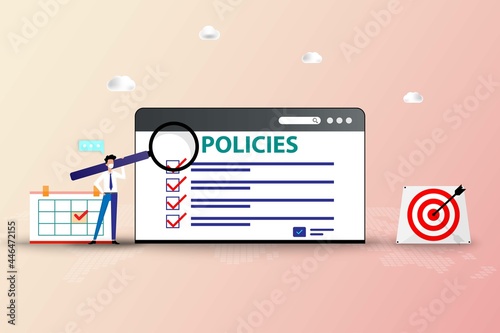 Business concept of company policy, businessman is holding a big magnifier and focus on a big screen of web browser that contain list of company policy in pastel color background.