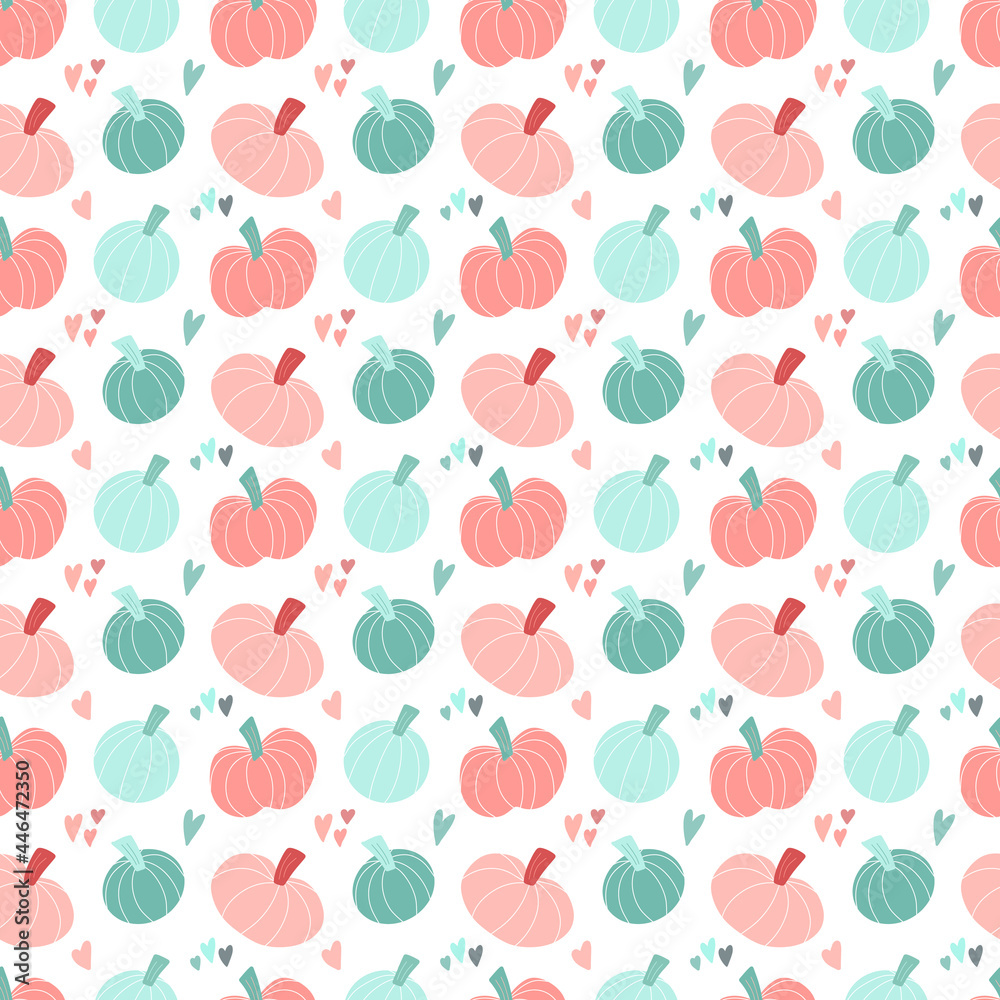 Cute seamless pattern with pastel pumpkins hand drawn in simple childish Scandinavian style and colorful hearts. Vector sweet background. Design for autumn,Thanksgiving, kids Halloween Cute seamless pattern with pastel pumpkins hand drawn in simple childish Scandinavian style and colorful hearts. Vector sweet background. Design for autumn,Thanksgiving, kids Halloween
