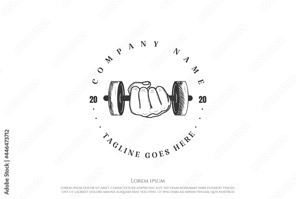 Hand Hold Dumbbell Barbell for Gym Fitness Sport Club Logo Design Vector