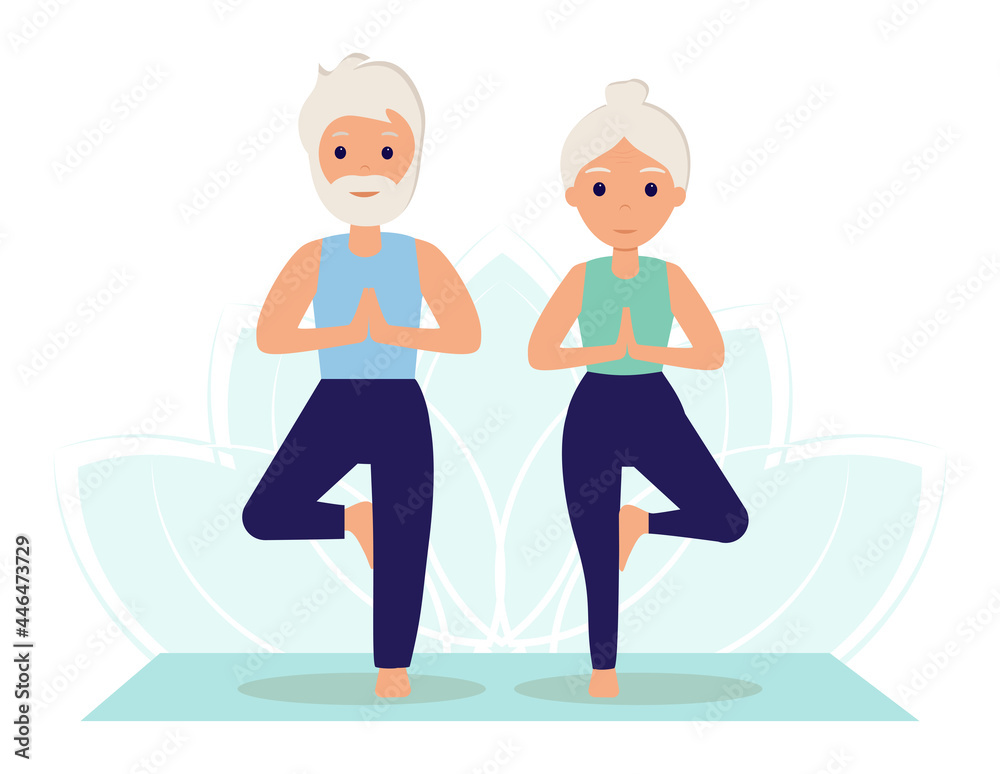 Elderly people do yoga, practice meditation. Yoga classes. The old woman and the old man go in for sports to lead an active healthy lifestyle. Yoga practice. Illustration in flat style.