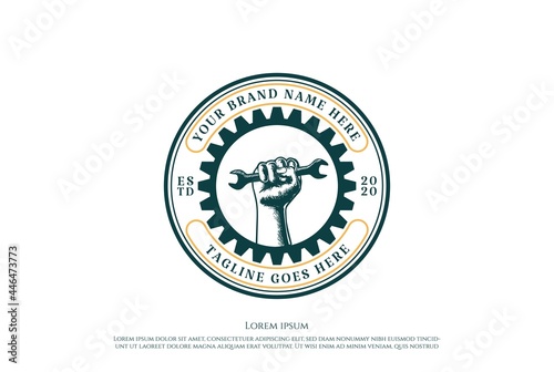 Retro Gear Hand Hold Wrench for Garage Custom Workshop Logo Design Vector