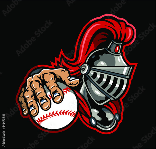 crusader baseball team mascot holding ball for school, college or league
