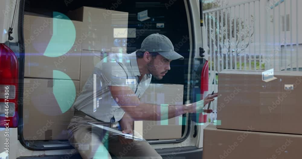 Animation of statistics and data processing over delivery man with clipboard in van Animation of statistics and data processing over delivery man with clipboard in van
