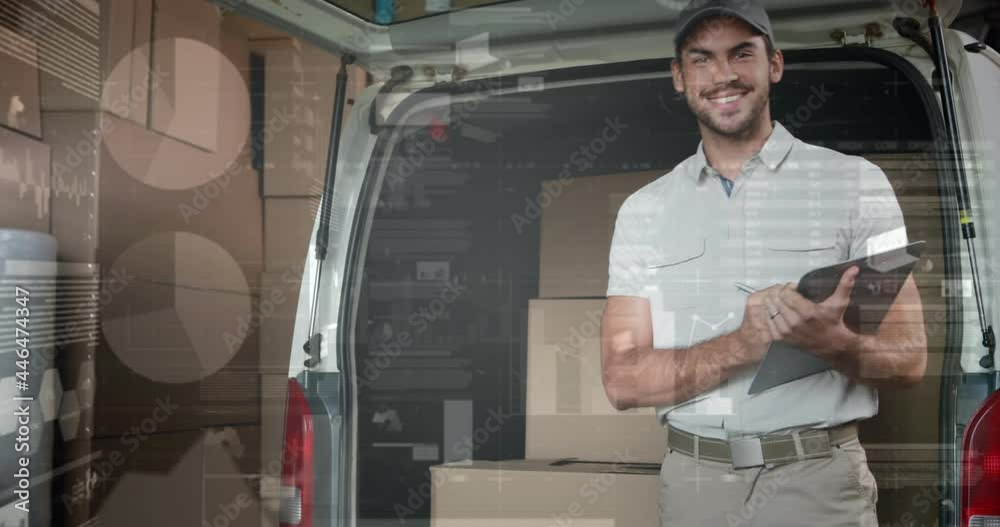 Animation of statistics and financial data processing over delivery man Animation of statistics and financial data processing over delivery man