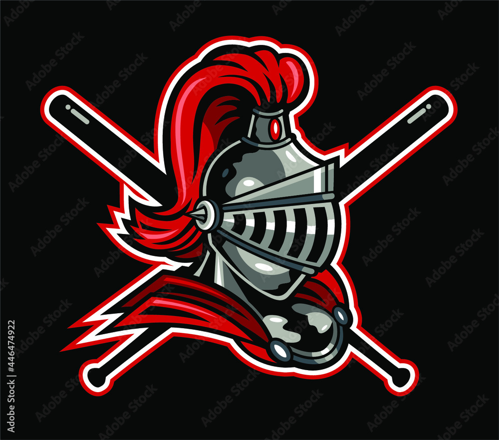 knights baseball team design with helmet and crossed bats for school, college or league - obrazy, fototapety, plakaty 