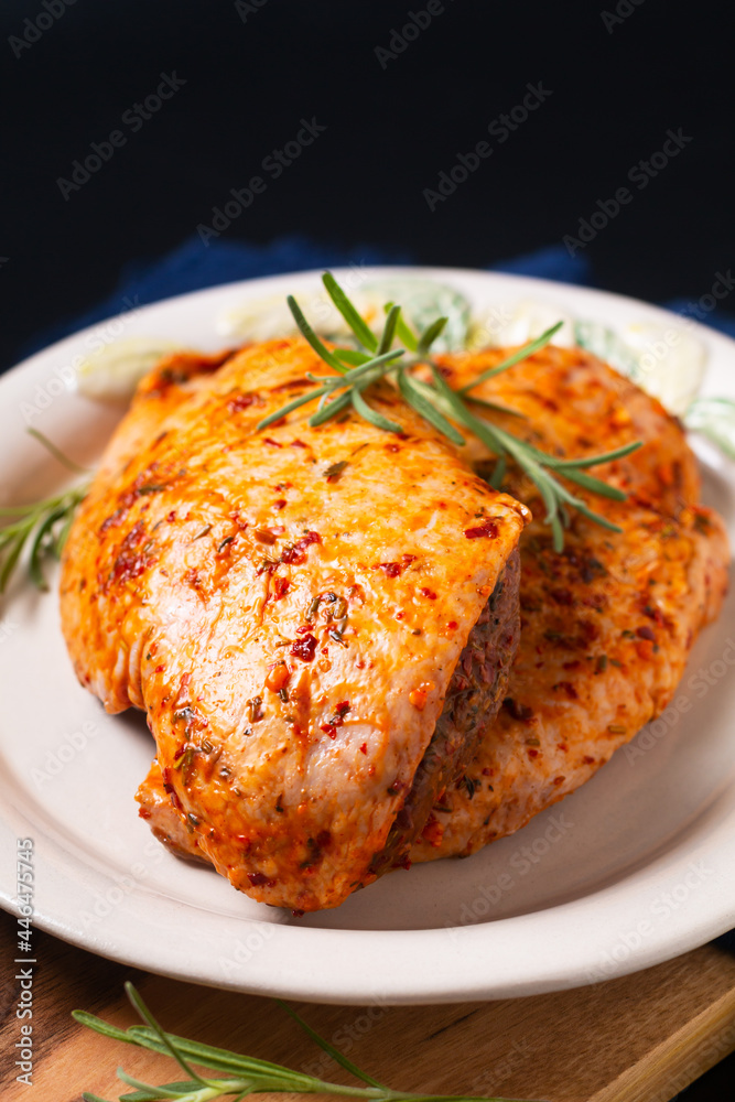 Food concept organic spicy marinated Duck breasts on wooden board with copy space Food concept organic spicy marinated Duck breasts on wooden board with copy space
