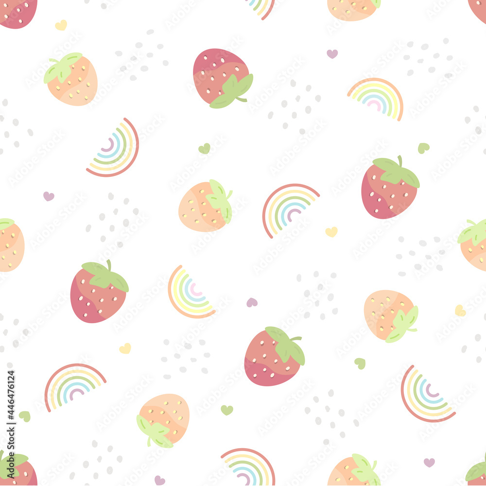 Summer seamless pattern with strawberries and rainbows