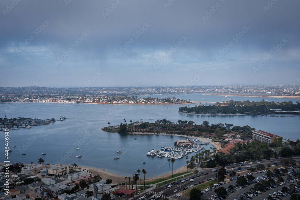 Wide aerial shot of Mission Bay on cloudy day