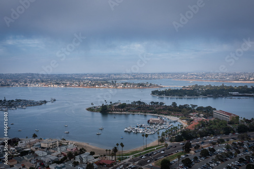 Wide aerial shot of Mission Bay on cloudy day