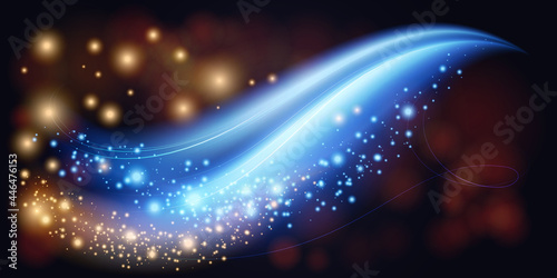 Abstract luminous sparkles in waves of stardust trail, light effect vector illustration. Wavy sparkling magical glitter dust with gold and blue neon particles, golden glittering on dark background