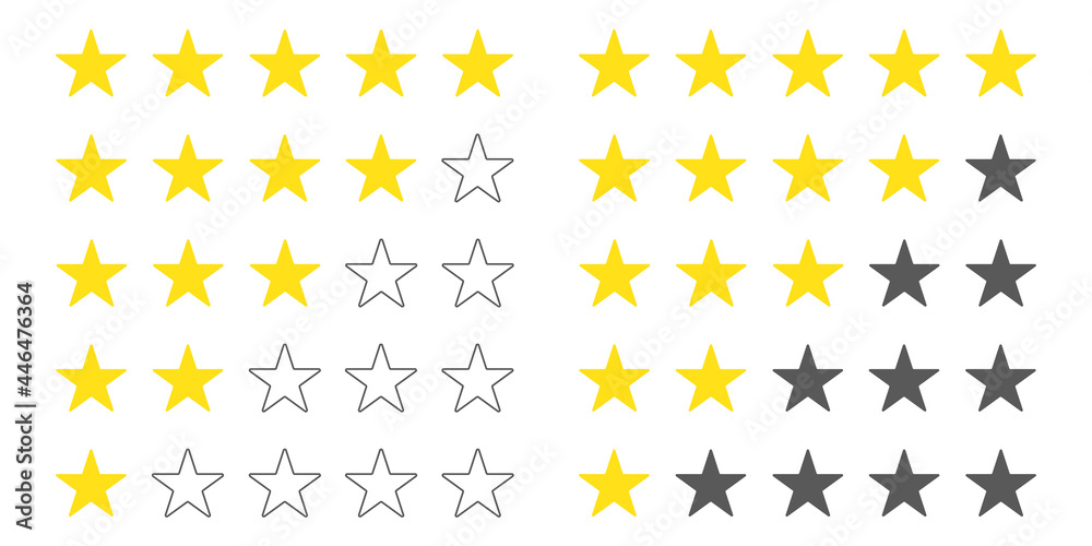 Five stars customer product rating set. Rate status level. Different ranks from one to five stars. Golden and gray stars in outline and fill selections. Template design for web or mobile app. Vector Five stars customer product rating set. Rate status level. Different ranks from one to five stars. Golden and gray stars in outline and fill selections. Template design for web or mobile app. Vector