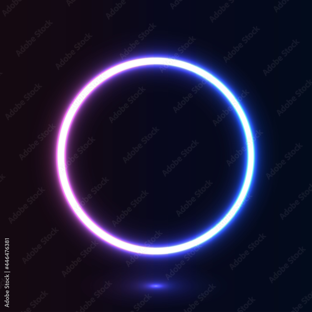 Neon glow circle on dark background. Geometric shape with copy space for banner, poster, advertising. Purple and blue bright glowing neon lights. Futuristic graphic element. Vector illustration Neon glow circle on dark background. Geometric shape with copy space for banner, poster, advertising. Purple and blue bright glowing neon lights. Futuristic graphic element. Vector illustration