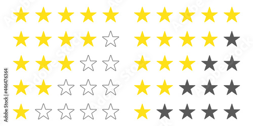 Five stars customer product rating set. Rate status level. Different ranks from one to five stars. Golden and gray stars in outline and fill selections. Template design for web or mobile app. Vector
