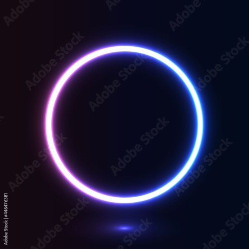 Neon glow circle on dark background. Geometric shape with copy space for banner, poster, advertising. Purple and blue bright glowing neon lights. Futuristic graphic element. Vector illustration