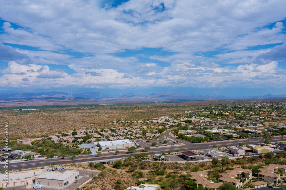 Panorama the aerial view of a Fountain Hills small town near mountain desert of residential suburban development in in Arizona US