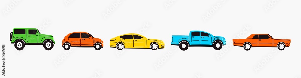 Various Cars or vehicles. Different types of cars: sedan, SUV, pickup, coupe, hatchback, retro car. Automobile, motor transport concept. Hand drawn trendy Vector illustration. Every car is isolated