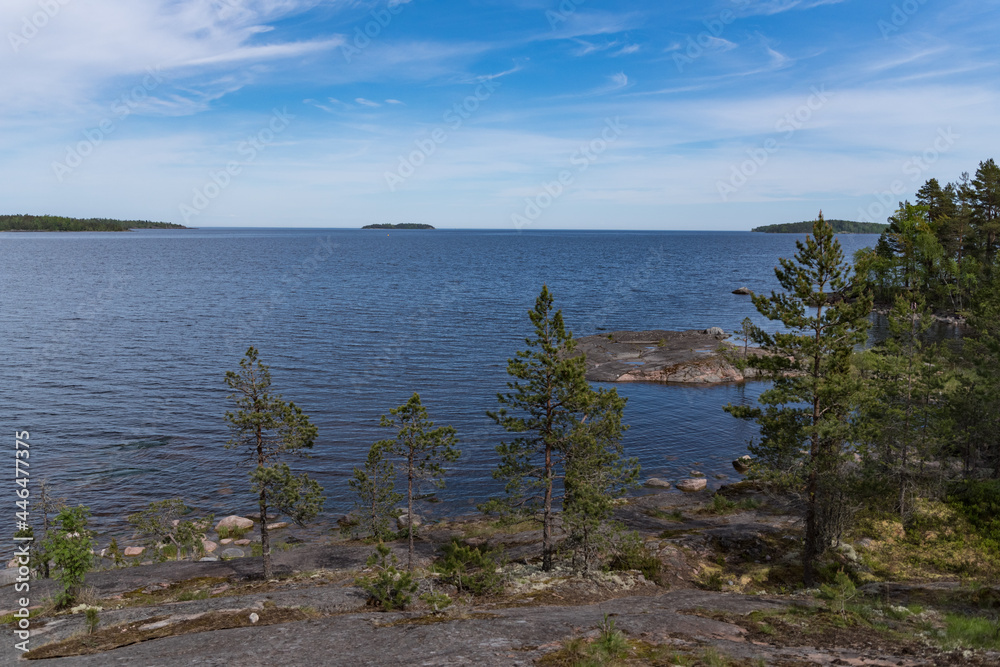 Skerry of Ladoga. Stony lake shore on Great Ladoga Trail. Leningrad region. Russia.