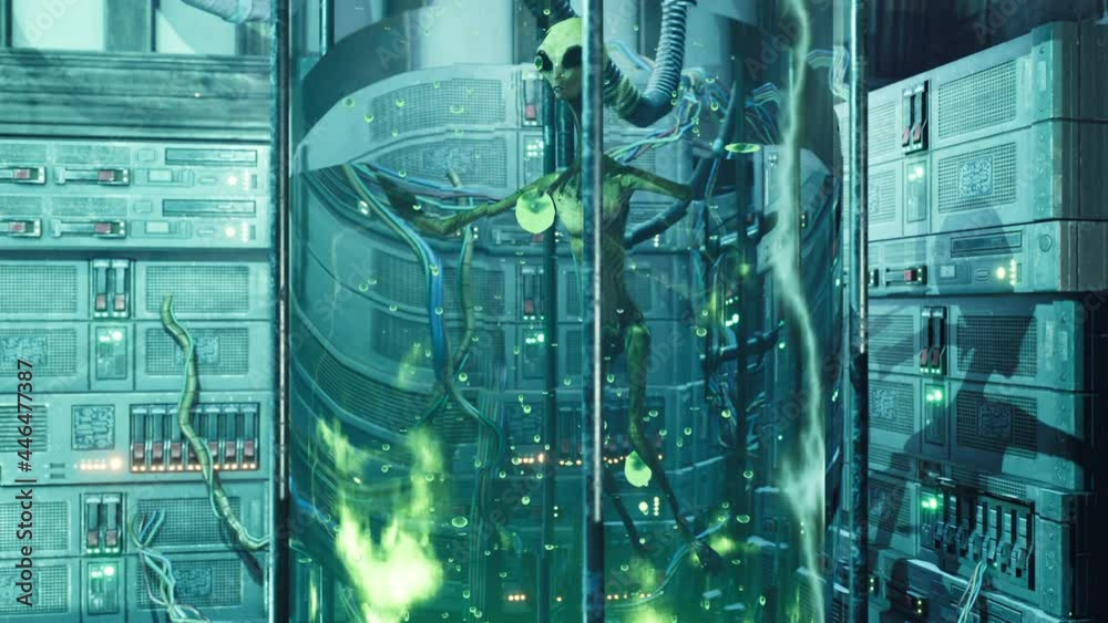 An alien float in a green gurgling liquid in a special glass aquarium ...
