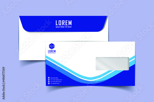  DL Envelopes design front and back view for office document or message. White empty mail envelope with transparent window. Full and folded A4 size. Flat vector illustration.
