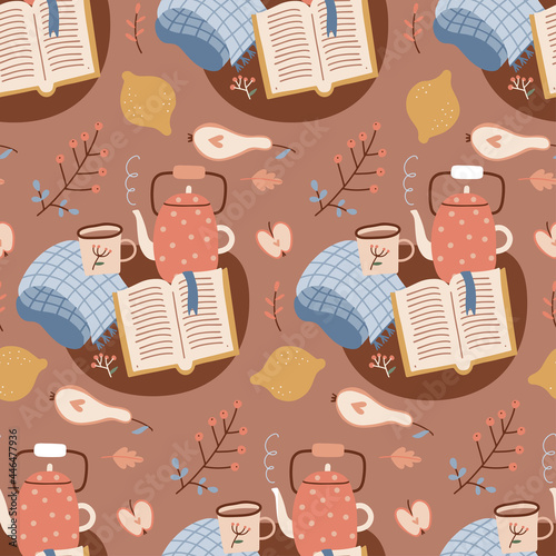 Seamless Autumn hygge pattern with book, teapot, leaves, cookies and open book on brown background. Flat hand drawn vector illustration.