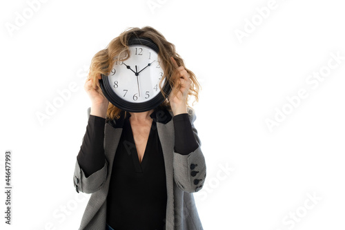 A woman holds a watch in front of her face. Isolated on white. Deadline  procrastination concept.