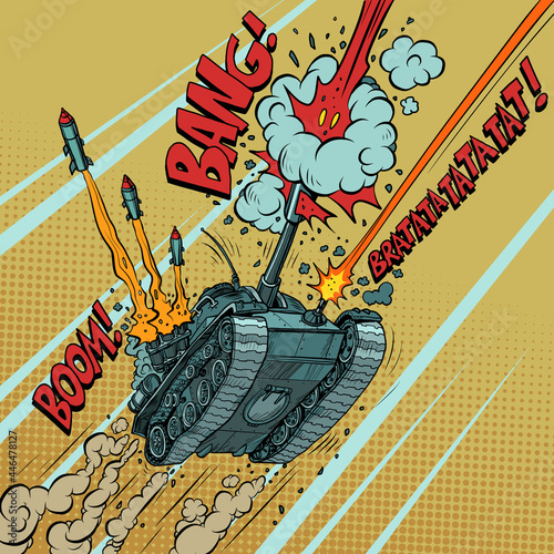 tank with missiles, war and weapons. Army equipment transport