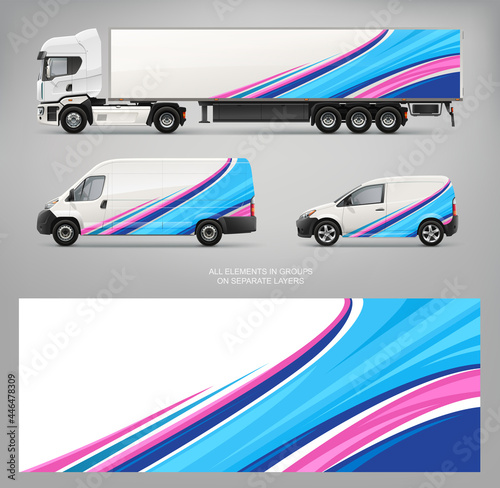 Realistic vector Van, truck trailer mockup with wrap decal for livery branding design and corporate identity. Abstract graphic of blue and pink stripes wrap, sticker and decal design for transport