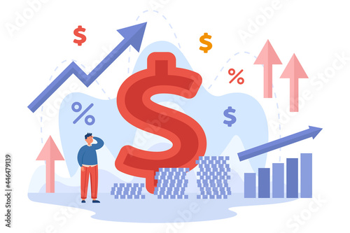 Tiny cartoon businessman observing increase of inflation. Flat vector illustration. Percentage, arrows, coins, price level, risk of money loss. Business, economy, market, recession concept for design