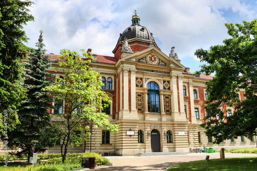 KRAKOW, POLAND - JUNE 14, 2021: The old building of University of Economics