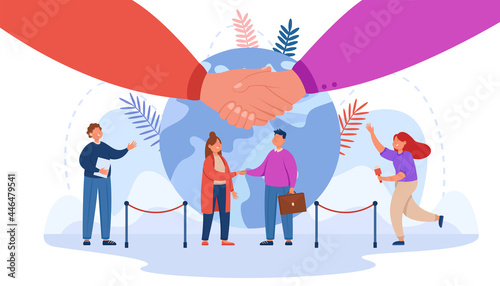 Tiny cartoon man and woman shaking hands. Flat vector illustration. Representatives of embassies meeting to find solution to international economic crisis. Diplomacy, democracy, peace concept