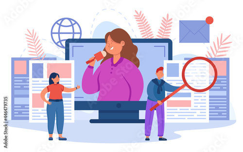 Tiny cartoon journalists reporting from scene. Flat vector illustration. Man, women with mic, magnifying glass and giant newspapers. Media, information, communication, Internet, news, press concept