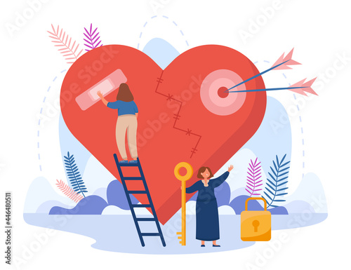 Tiny girl standing on stairs and taping broken heart. Female cartoon character holding key to lock flat vector illustration. Failure relationship, sensitive love, vulnerable person concept