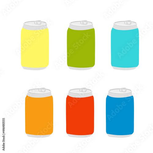 can of cute kawaii lemon, strawberry, banana soda. Lemonade in red, yellow aluminum recyclable jar. A refreshing summer drink in color bottle. Stock vector illustration on a white background