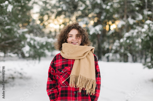 Happy Girl In Red Jachet The Snow Forest. Cold Winter. Cup of tea. © smishura