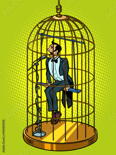 A male tenor singer in a bird cage. Musical voice concept