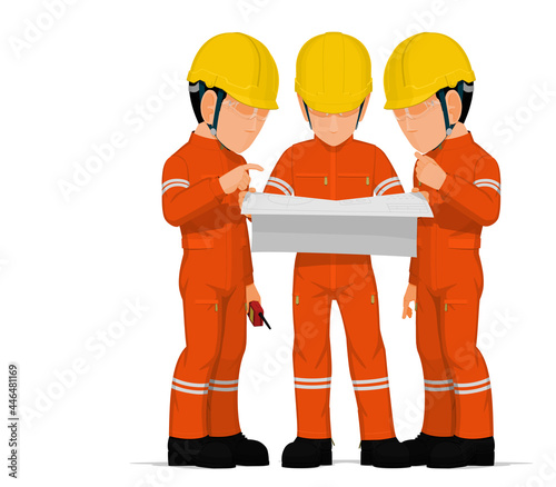 Three workers are discussing about engineering drawing.