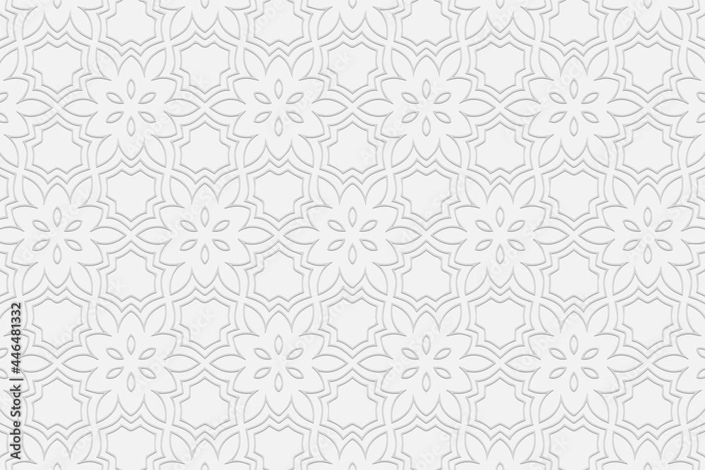 3d volumetric convex embossed geometric white background. Ethnic oriental, asian, indian pattern with handmade elements. Doodling style ornament.