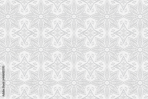 3d volumetric convex embossed geometric white background. Ethnic oriental, asian, indian pattern with handmade elements. Beautiful flower ornament in doodling style. © swetazwet