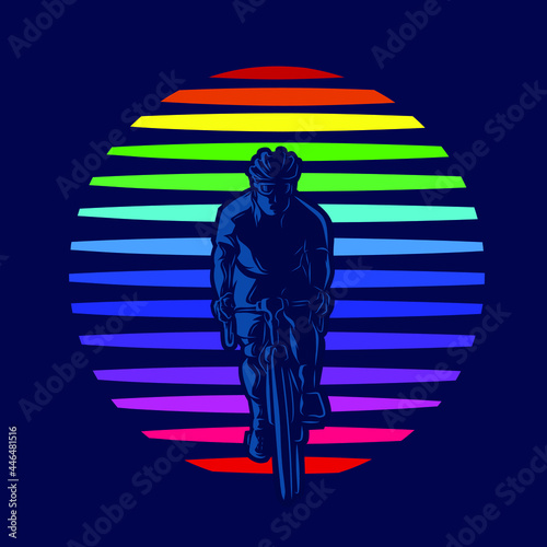Riding bicycle road bike mountain biker line art logo. Colorful design with dark background.