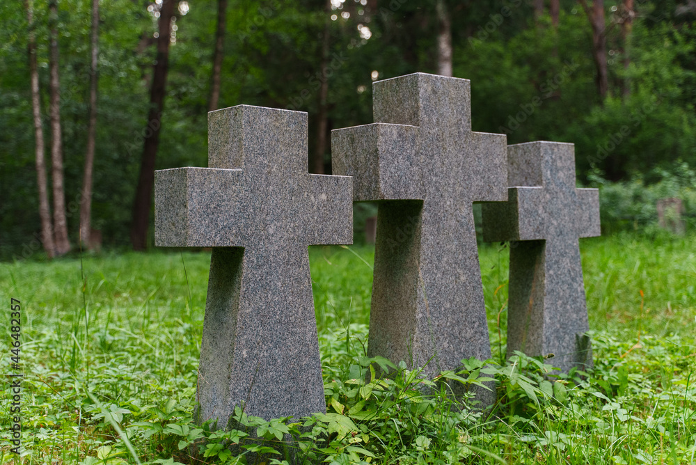 Three stone crosses in a cemetery in the forest. Three stone crosses in a cemetery in the forest.